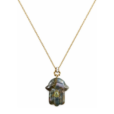 You & Eye Grey Stone Hamsa Pendant Long Gold Chain Necklace