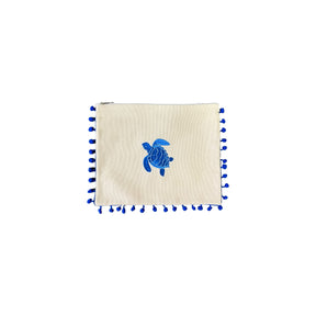 Mellow Canvas Blue Pom Pom Pouch with Embroidered Sea Turtle