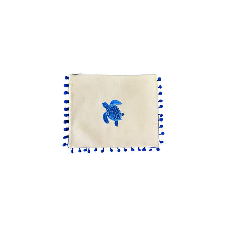 Mellow Canvas Blue Pom Pom Pouch with Embroidered Sea Turtle