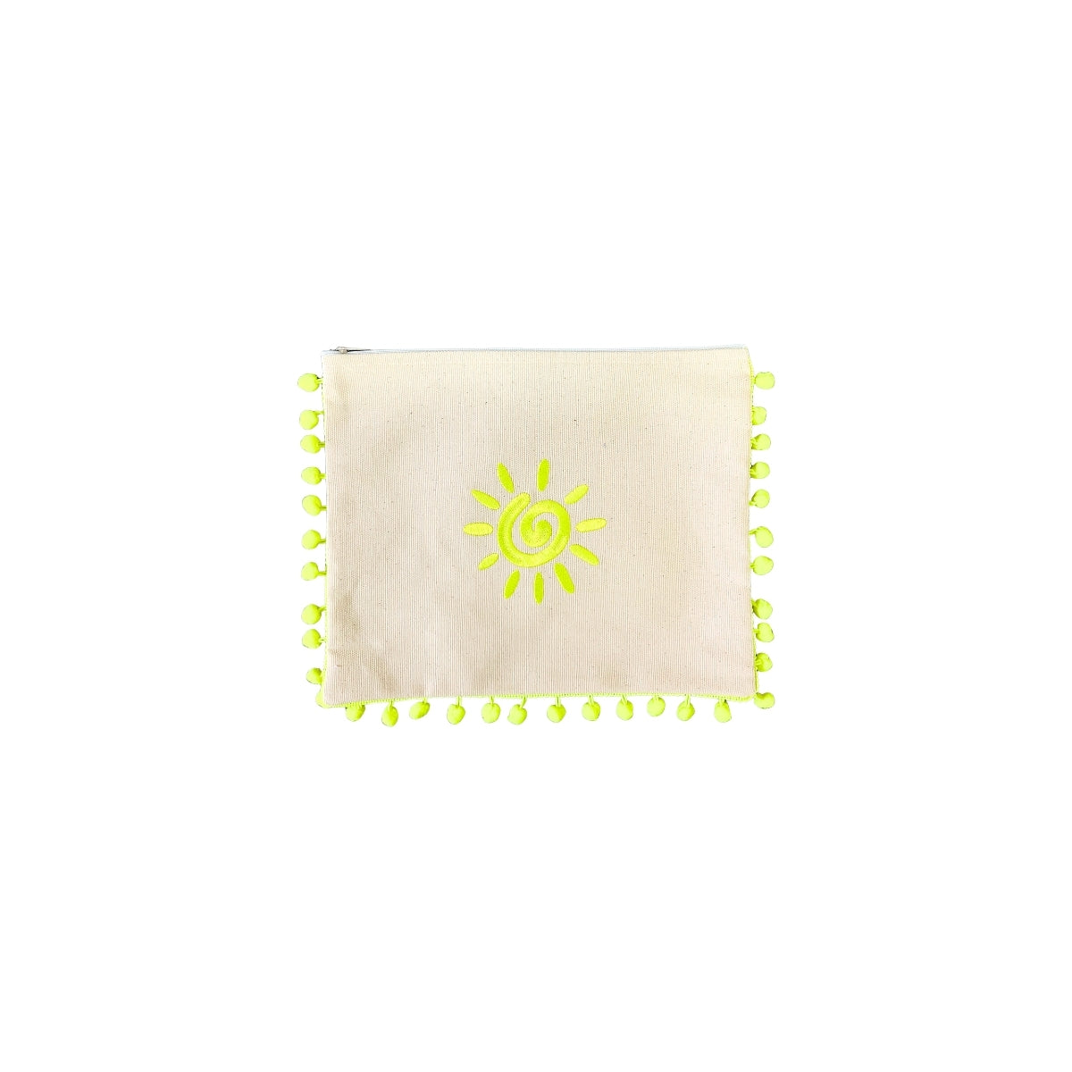 Mellow Canvas Neon Yellow Pom Pom Pouch with Embroidered Sun