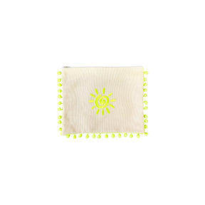 Mellow Canvas Neon Yellow Pom Pom Pouch with Embroidered Sun