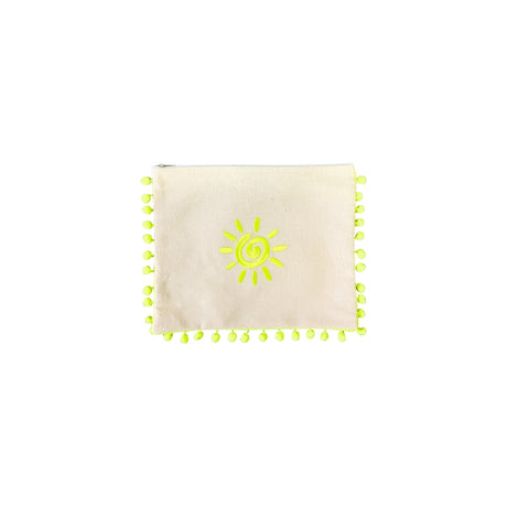 Mellow Canvas Neon Yellow Pom Pom Pouch with Embroidered Sun