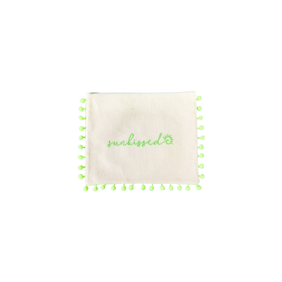 Mellow Canvas Neon Green Pom Pom Pouch with Embroidered Sunkissed