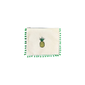 Mellow Canvas Green Pom Pom Pouch with Embroidered Pineapple