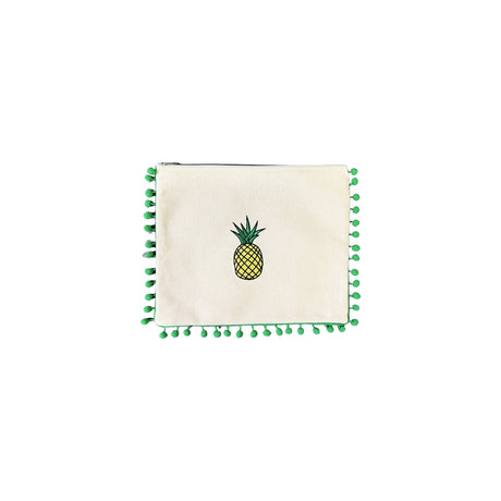 Mellow Canvas Green Pom Pom Pouch with Embroidered Pineapple