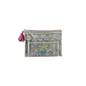 Mellow Grey Bandana PVC Pouch with Embroidered Sun and Waves