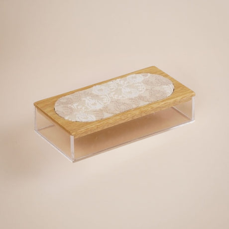 JRD Home Beige Traditional Embroidered Wooden Lid Small Rectangle Plexi Box