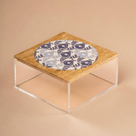 JRD Home Embroidered Periwinkle Pomegranate Wooden Lid Square Plexi Box