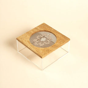 JRD Home Blossom Embroidered Mesh Wooden Lid Small Square Plexi Box