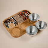 JRD Home Calligraphy and Mixed Motifs Decoupage Wooden Tray with 3 Hammered Silver Bowls