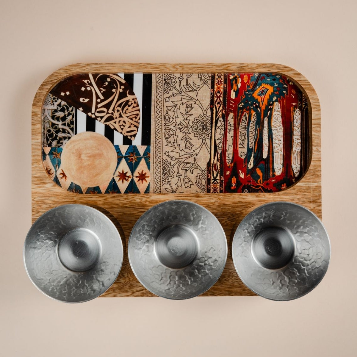 Decoupage Wooden Tray with 3 Bowls