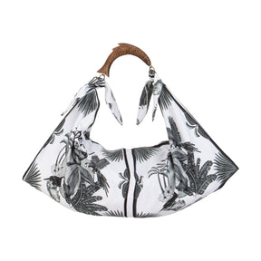 Alex.Max Black and White Parrot Print Shoulder Bag with Wooden Handle