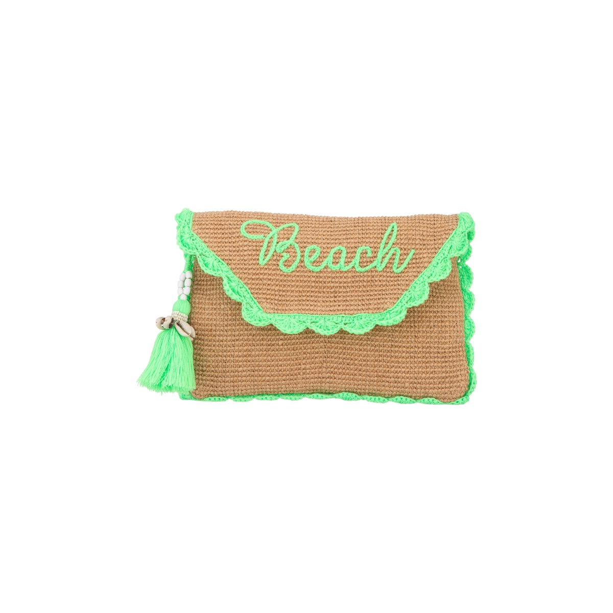 Neon Green Beach Embroidered Jute Clutch with Tassel