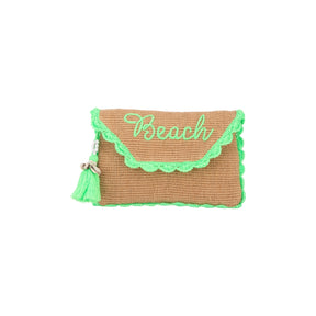 Alex.Max Neon Green Beach Embroidered Jute Clutch with Tassel