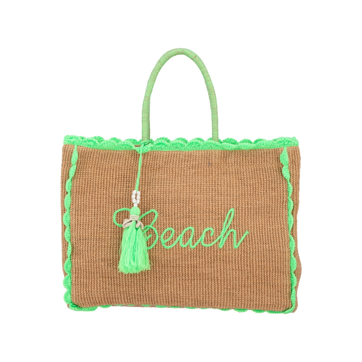 Neon Green Beach Embroidered Jute Beach Bag with Tassel