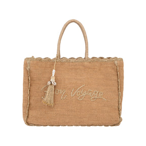 Alex.Max Gold Bon Voyage Embroidered Jute Beach Bag with Tassel