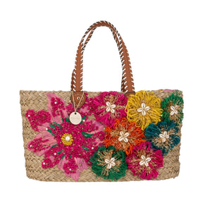 Alex.Max Colorful Floral Embellished Straw Beach Bag with Cowrie Shells