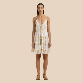 Alex.Max White Eyelet Lace Boho Mini Dress with Tassel Ties