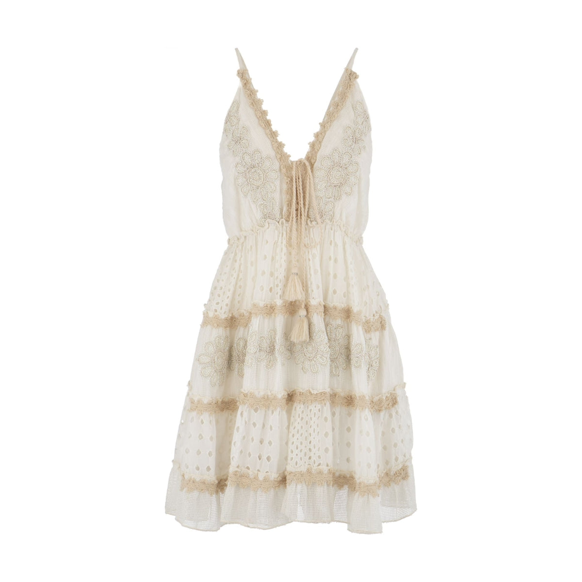 White Eyelet Lace Boho Mini Dress with Tassel Ties