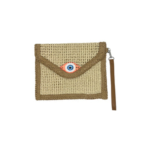 City Girl Hand-Painted Orange Evil Eye Straw Clutch Bag