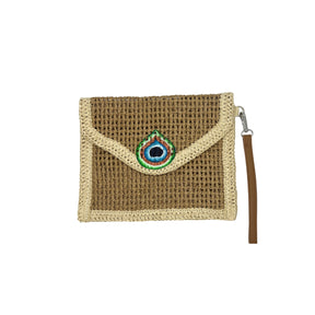 City Girl Hand-Painted Peacock Feather Straw Clutch Bag