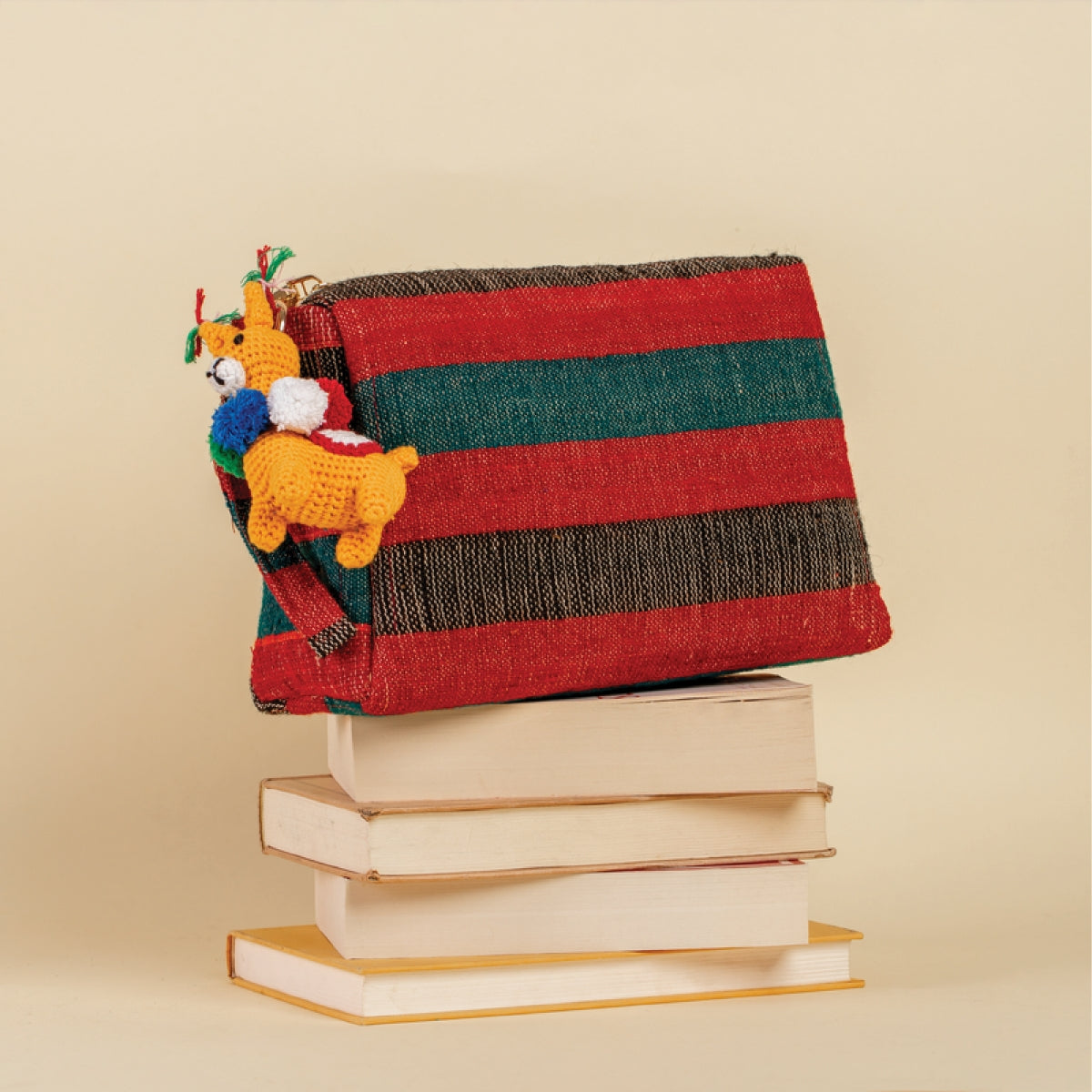 Basma Collection Red Striped Woven Pouch with Camel Charm