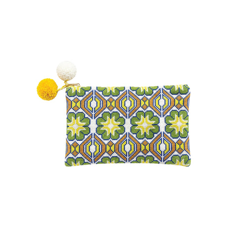 Basma Collection Yellow and Green Embroidered Clutch Bag with Pom Poms