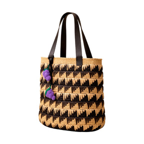 Basma Collection Checkered Raffia Tote Bag with Grapes Charm