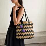 Checkered Raffia Tote Bag with Grapes Charm