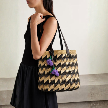 Checkered Raffia Tote Bag with Grapes Charm