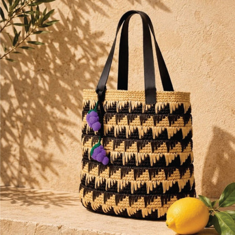 Checkered Raffia Tote Bag with Grapes Charm