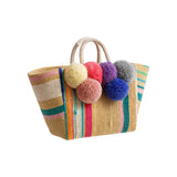 Basma Collection Multicolor Woven Medium Tote Bag with Big Pom Poms
