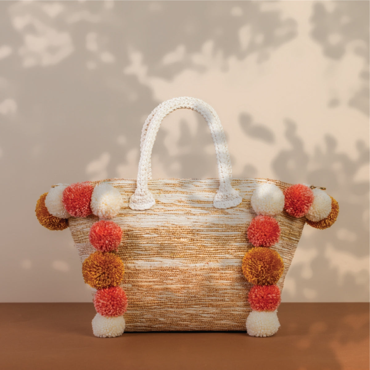 Basma Collection Multicolor Woven Medium Tote Bag with Small Pom Poms