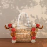 Basma Collection Multicolor Woven Medium Tote Bag with Small Pom Poms