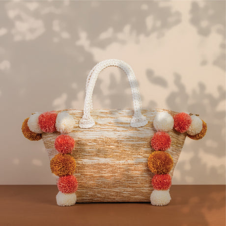 Basma Collection Multicolor Woven Medium Tote Bag with Small Pom Poms