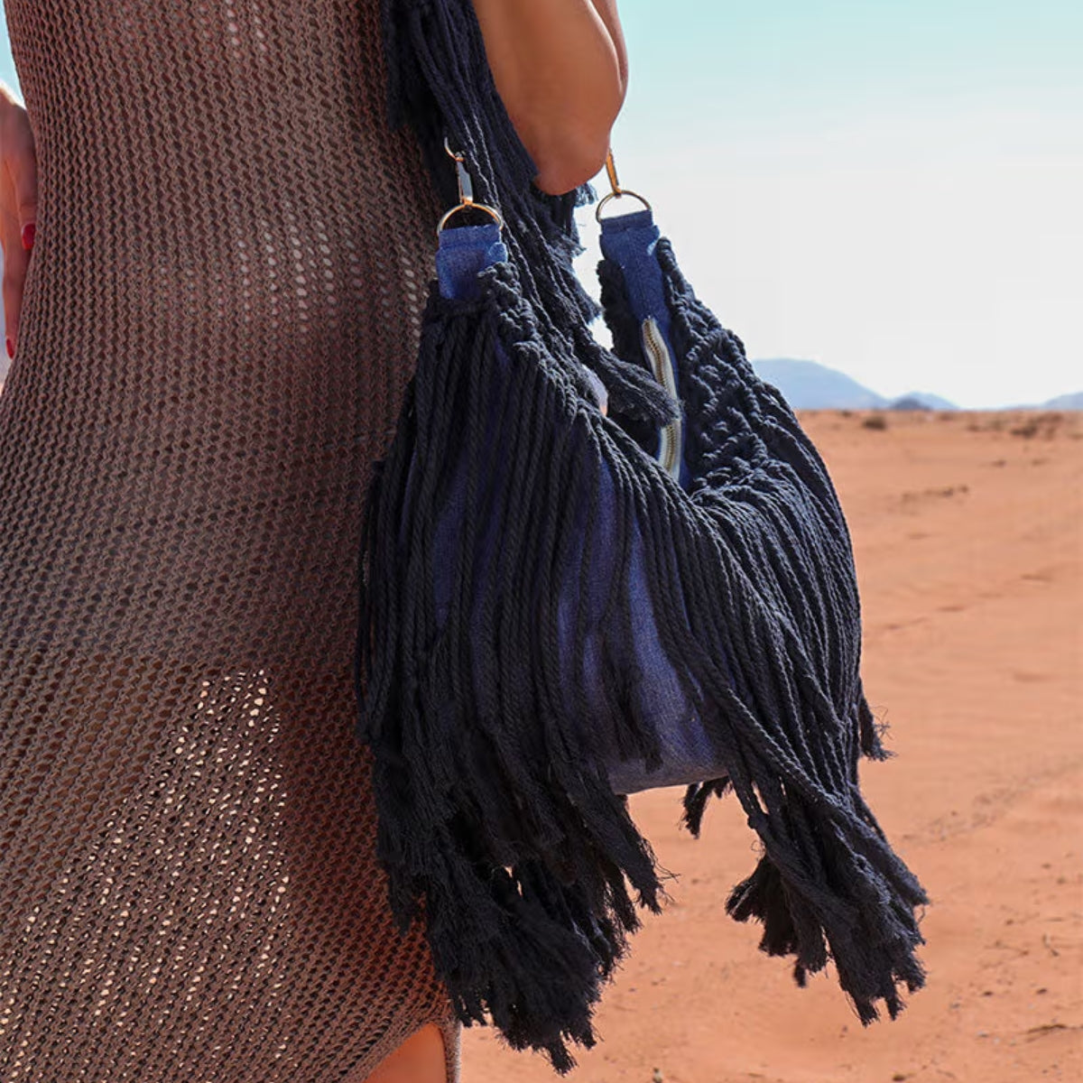 Basma Collection Dark Blue Medium Macrame Cross Body Bag