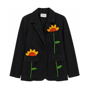 Boutique Flo Sunflower Bloom Embroidered Black Jacket