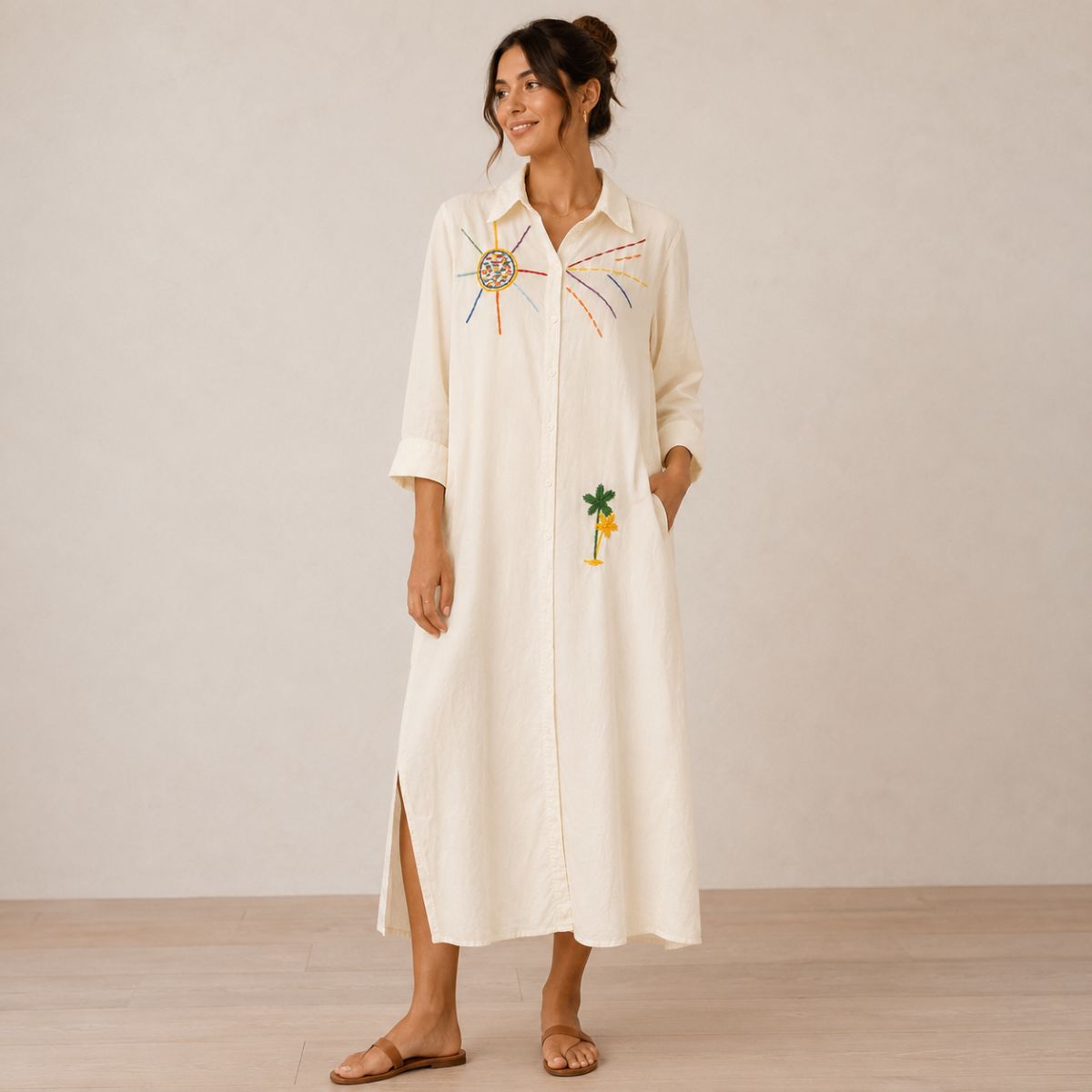 Good Vibes Embroidered Shirt Dress
