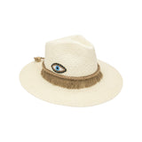 NN Design Beaded Evil Eye Fringe Straw Beige Fedora Hat