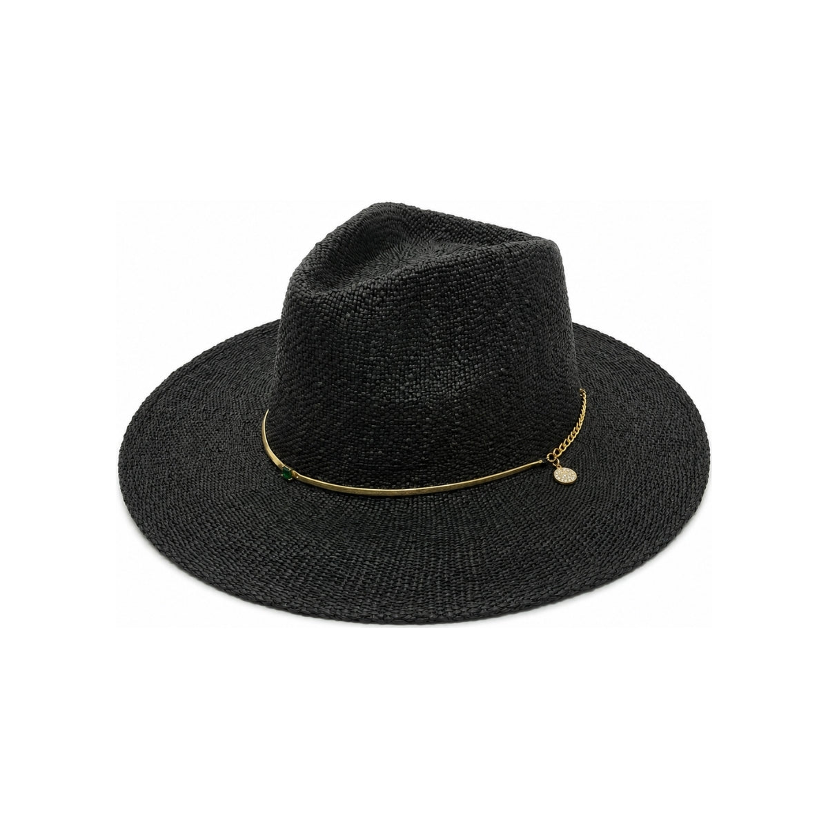 NN Design Gold Chain Black Straw Fedora Hat