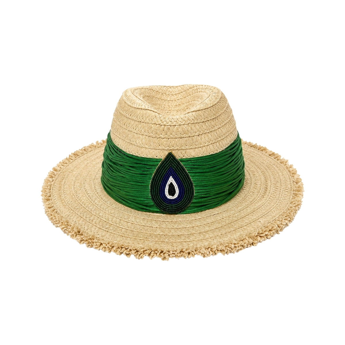 NN Design Green Tassel Evil Eye Frayed Brim Fedora Hat