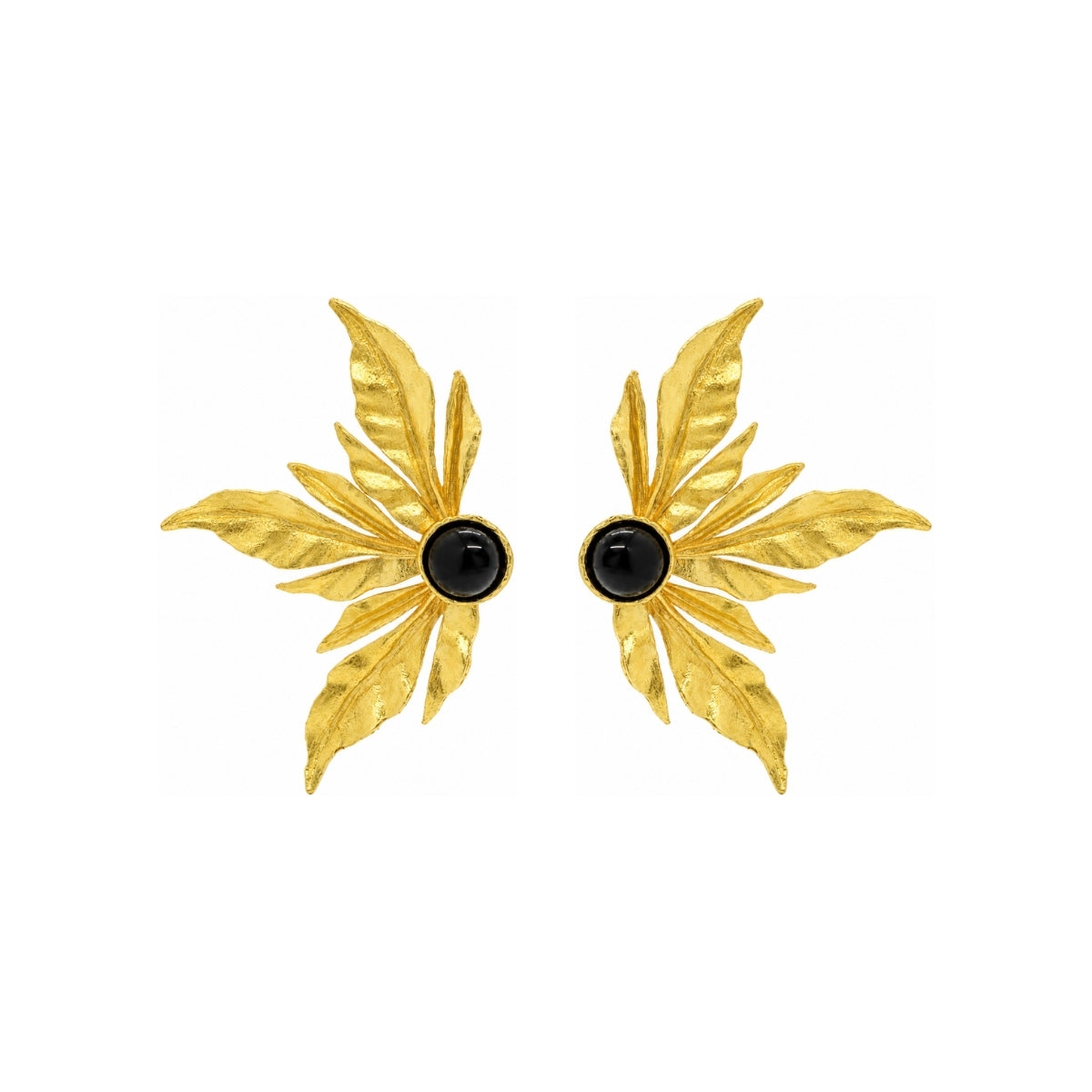 Rima Design Gold Leaf Statement Earrings with Black Stone
