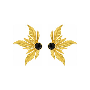 Rima Design Gold Leaf Statement Earrings with Black Stone