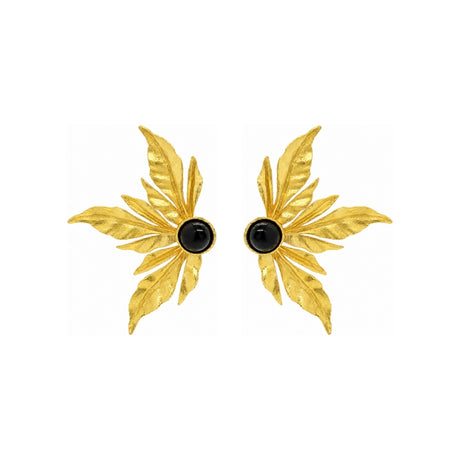 Rima Design Gold Leaf Statement Earrings with Black Stone