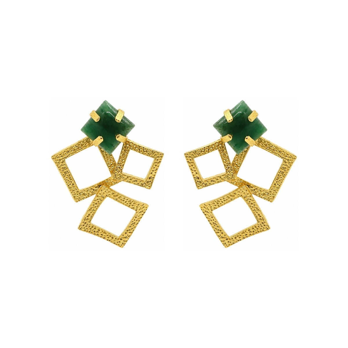 Rima Design Gold Geometric Textured Earrings with Green Stone