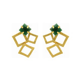 Rima Design Gold Geometric Textured Earrings with Green Stone
