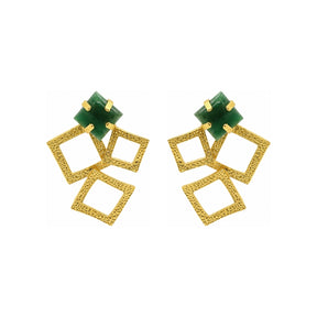 Rima Design Gold Geometric Textured Earrings with Green Stone