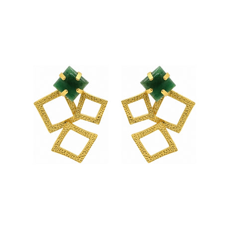 Rima Design Gold Geometric Textured Earrings with Green Stone
