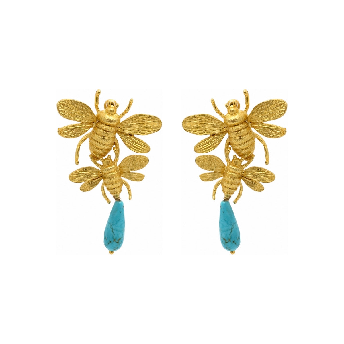 Rima Design Gold Bee Earrings with Blue Stone Drop