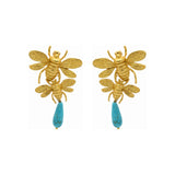 Rima Design Gold Bee Earrings with Blue Stone Drop